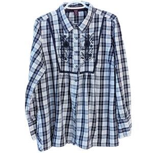 GLORIA Vanderbilt plaid embroidered boho cotton shirt size XL @R